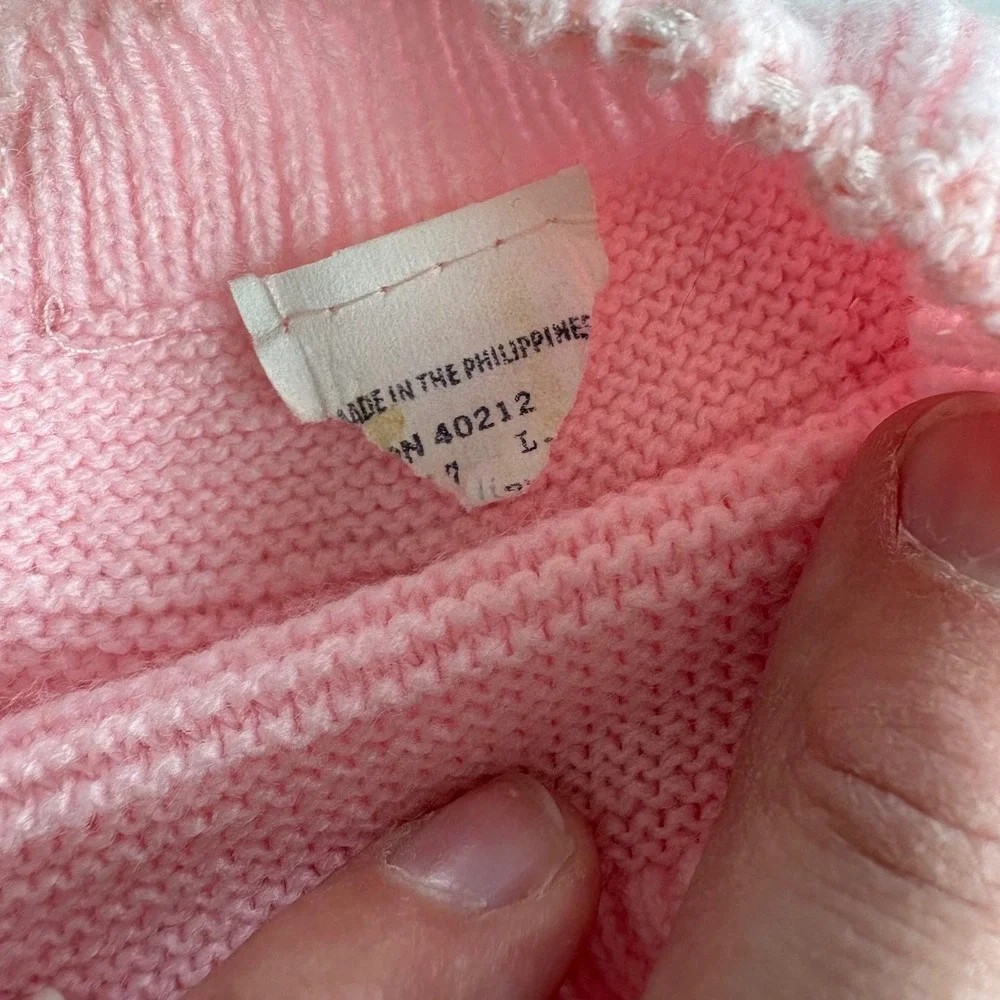 Vintage Infant Girls Pink Knit‎ Set Lace Accents Floral Embroidery Acrylic